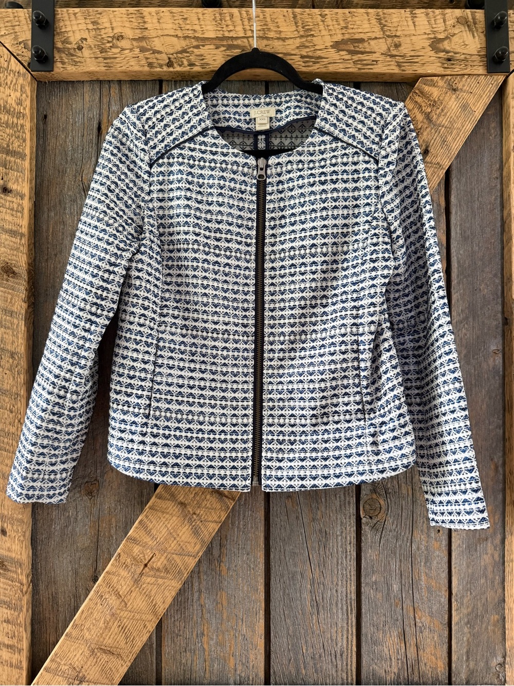 J. Crew Navy and White Patterned Zip-Front Jacket Blazer - Size XXS